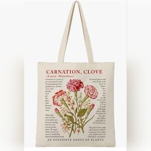 Carnation Flowers Cotton Canvas Tote Bag with 2 Inner Pockets Reusable Washable